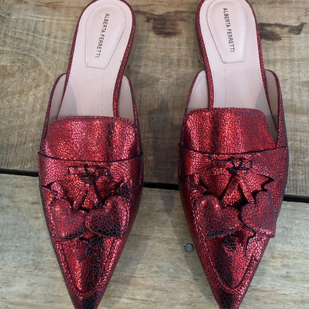 Alberta Ferretti-Red Mia Laminated Leather Mules  NEW W BOX Size 37 - Picture 7 of 11